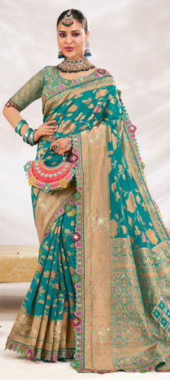 Green color Saree in Silk fabric with Border, Sequence, Stone, Weaving work