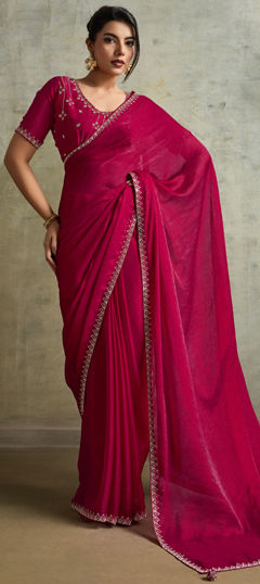 Pink and Majenta color Saree in Chinon Silk fabric with Swarovski work