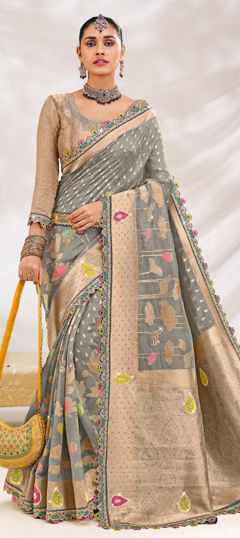 Black and Grey color Saree in Silk fabric with Border, Sequence, Stone, Weaving work