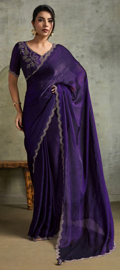 Purple and Violet color Saree in Chinon Silk fabric with Swarovski work