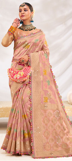 Pink and Majenta color Saree in Silk fabric with Border, Sequence, Stone, Weaving work