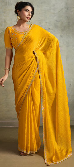 Yellow color Saree in Chinon Silk fabric with Swarovski work