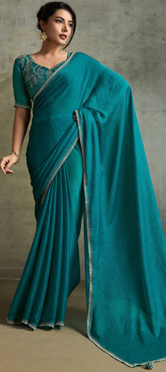 Blue color Saree in Chinon Silk fabric with Swarovski work