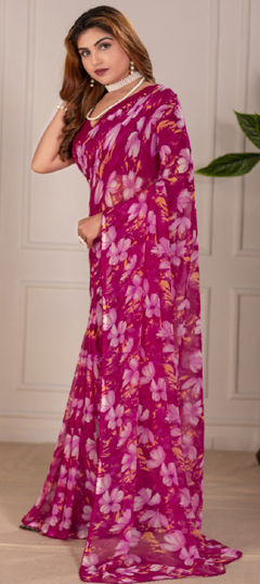 Pink and Majenta color Saree in Chiffon fabric with Floral, Printed work