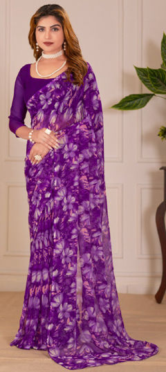 Purple and Violet color Saree in Chiffon fabric with Floral, Printed work