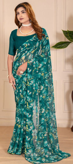 Blue color Saree in Chiffon fabric with Floral, Printed work