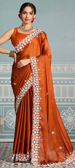 Beige and Brown color Saree in Art Silk fabric with Embroidered, Sequence, Thread work