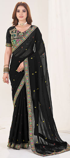Black and Grey color Saree in Georgette fabric with Border, Embroidered, Resham, Thread work