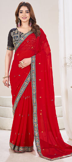 Red and Maroon color Saree in Georgette fabric with Border, Embroidered, Resham, Thread work