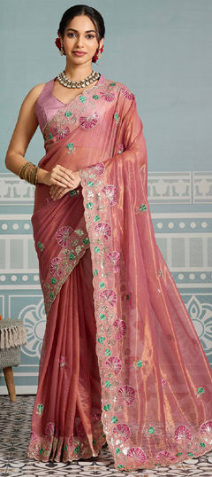 Red and Maroon color Saree in Tissue fabric with Embroidered, Sequence, Thread, Zari work