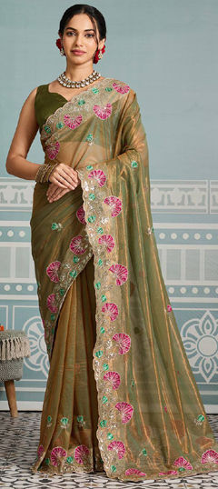 Green color Saree in Tissue fabric with Embroidered, Sequence, Thread, Zari work