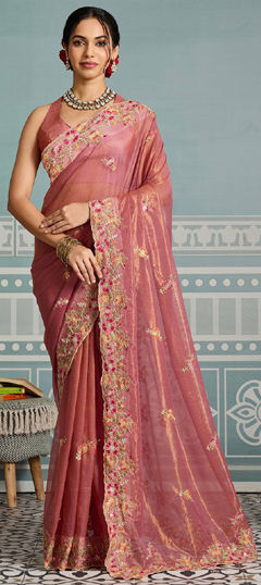 Pink and Majenta color Saree in Tissue fabric with Embroidered, Resham, Sequence, Thread work