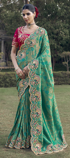 Green color Saree in Jacquard fabric with Sequence, Thread, Zari work