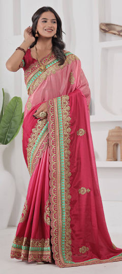 Pink and Majenta, Red and Maroon color Saree in Chinon Silk fabric with Border, Embroidered, Sequence work