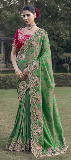 Green color Saree in Jacquard fabric with Sequence, Thread, Zari work