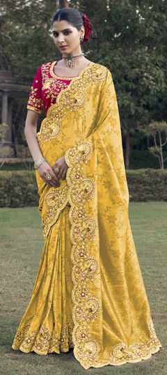 Yellow color Saree in Jacquard fabric with Sequence, Thread, Zari work