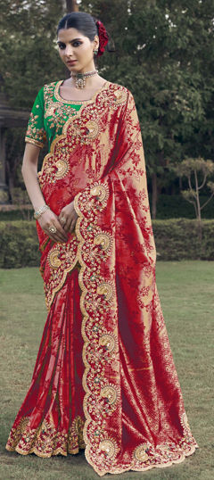 Red and Maroon color Saree in Jacquard fabric with Sequence, Thread, Zari work
