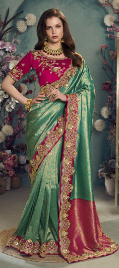 Green color Saree in Jacquard fabric with Sequence, Thread work