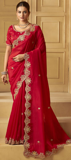 Red and Maroon color Saree in Organza Silk fabric with Sequence, Stone, Thread, Zari work