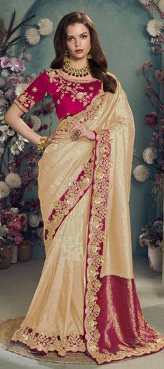 Beige and Brown color Saree in Jacquard fabric with Sequence, Thread work