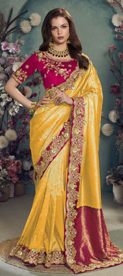 Yellow color Saree in Jacquard fabric with Sequence, Thread work