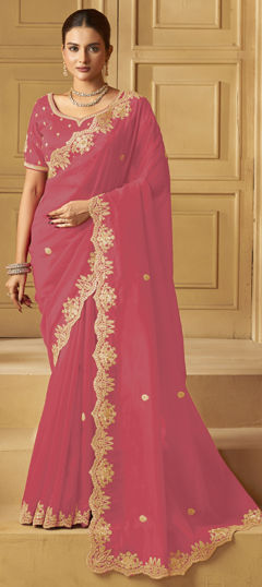 Pink and Majenta color Saree in Organza Silk fabric with Sequence, Stone, Thread, Zari work
