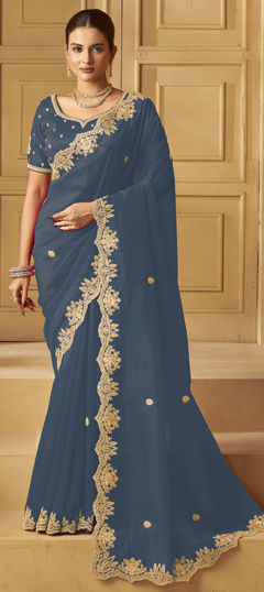 Green color Saree in Organza Silk fabric with Sequence, Stone, Thread, Zari work