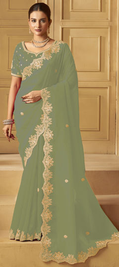 Green color Saree in Organza Silk fabric with Sequence, Stone, Thread, Zari work