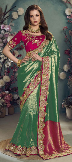 Green color Saree in Jacquard fabric with Sequence, Thread work
