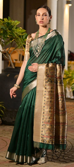 Green color Saree in Tussar Silk fabric with Border, Zari work