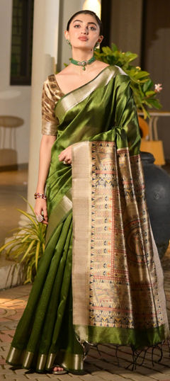 Green color Saree in Tussar Silk fabric with Border, Zari work