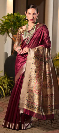 Red and Maroon color Saree in Tussar Silk fabric with Border, Zari work