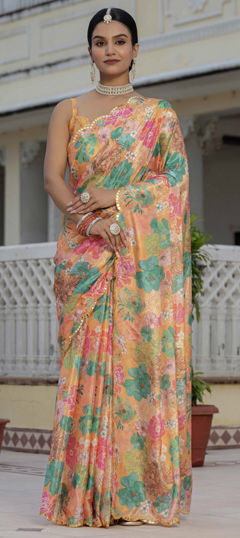Multicolor color Readymade Saree in Chinon Silk fabric with Digital Print, Embroidered, Floral, Printed work