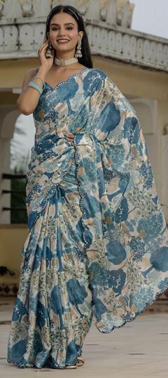 Blue, White and Off White color Readymade Saree in Chinon Silk fabric with Digital Print, Embroidered, Floral work