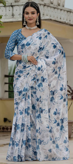 White and Off White color Readymade Saree in Chinon Silk fabric with Digital Print, Embroidered, Floral work