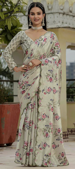 Green color Readymade Saree in Chinon Silk fabric with Digital Print, Embroidered, Floral work