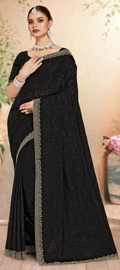 Black and Grey color Saree in Georgette fabric with Border, Embroidered, Resham, Zircon work
