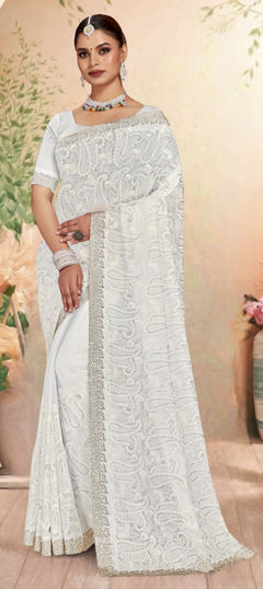 White and Off White color Saree in Georgette fabric with Border, Embroidered, Resham, Zircon work