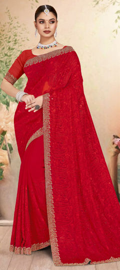 Red and Maroon color Saree in Georgette fabric with Border, Embroidered, Resham, Zircon work