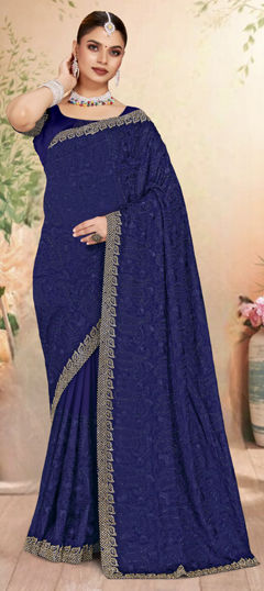 Blue color Saree in Georgette fabric with Border, Embroidered, Resham, Zircon work