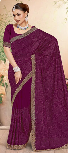 Purple and Violet color Saree in Georgette fabric with Border, Embroidered, Resham, Zircon work