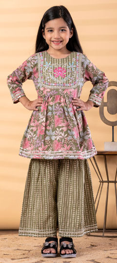 Green, Pink and Majenta color Girls Top with Bottom in Cotton fabric with Embroidered, Floral, Printed, Resham work