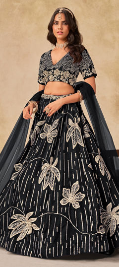 Black and Grey color Lehenga in Art Silk fabric with Embroidered, Thread, Zari work