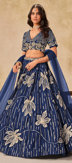 Blue color Lehenga in Art Silk fabric with Embroidered, Thread, Zari work