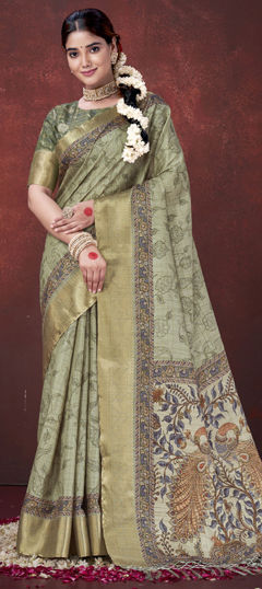 Green color Saree in Silk fabric with Foil Print work