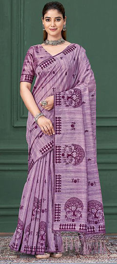 Purple and Violet color Saree in Silk fabric with Printed work