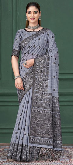 Blue color Saree in Silk fabric with Printed work