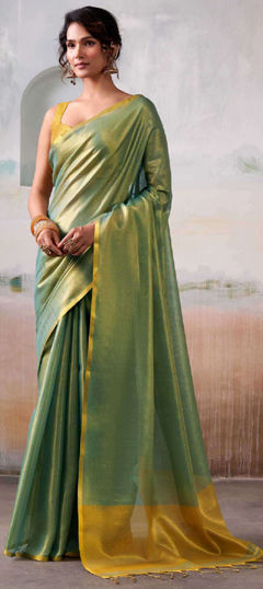 Green color Saree in Tissue fabric with Thread work
