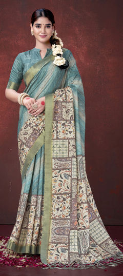Blue color Saree in Silk fabric with Floral, Foil Print work