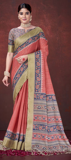 Red and Maroon color Saree in Silk fabric with Floral, Foil Print work